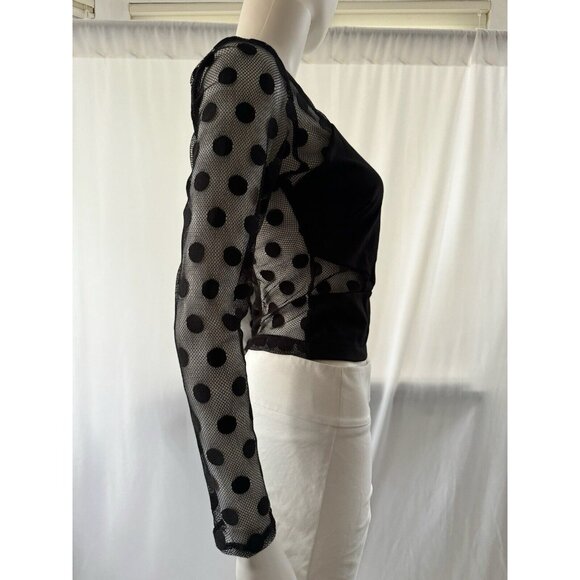 Marciano Women's Top Blouse Polka Dot Mesh Long Sleeve Black Full Zip S - Picture 3 of 8